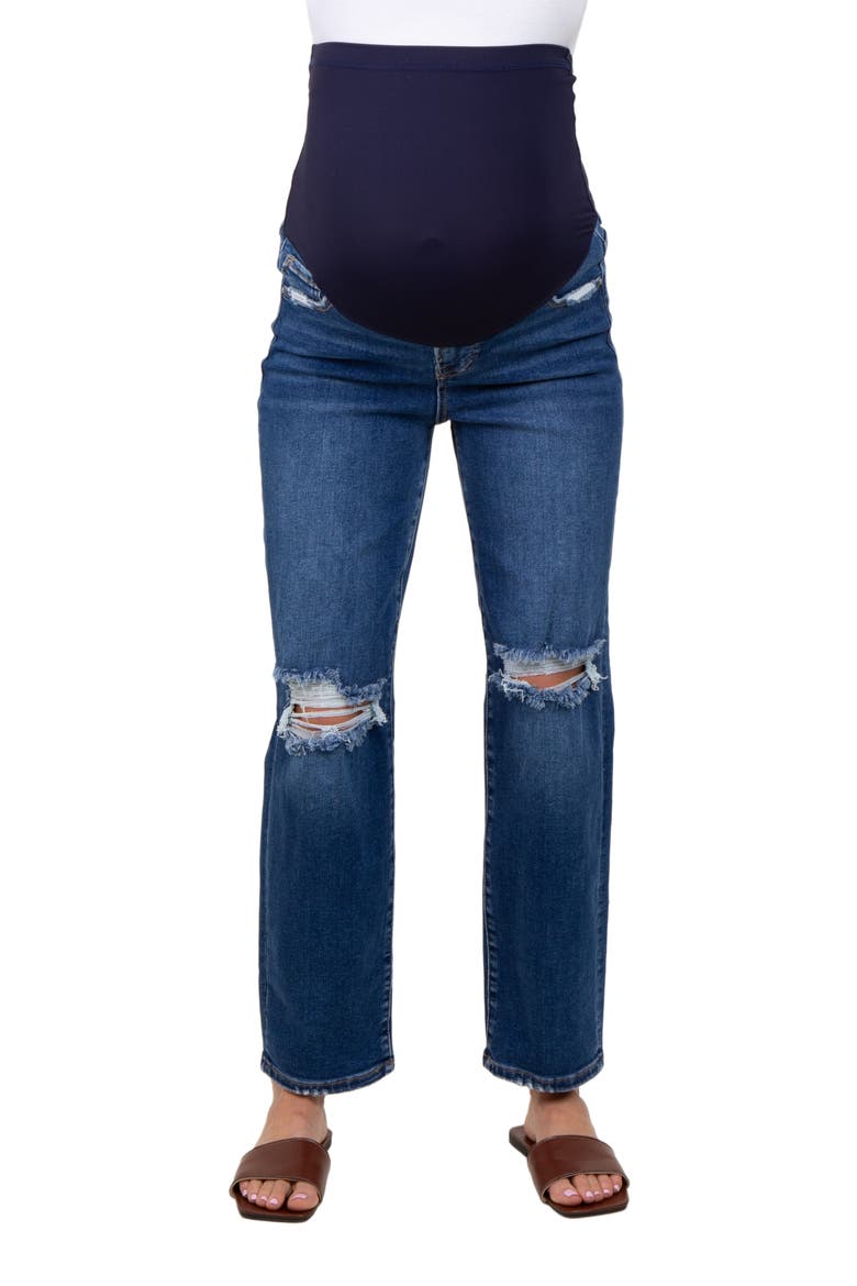 Distressed Open Knee Cropped Maternity Straight Leg Jeans, Alternate, color, Navy Blue