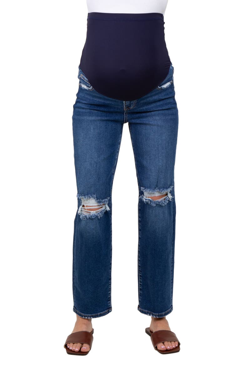 PinkBlush Distressed Open Knee Cropped Maternity Straight Leg Jeans, Alternate, color, Navy Blue