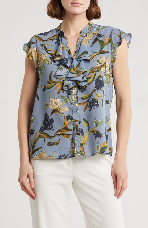Ruffle Short Sleeve Button-Up Top