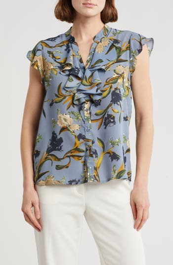 T Tahari Ruffle Cap Sleeve Button-up Top