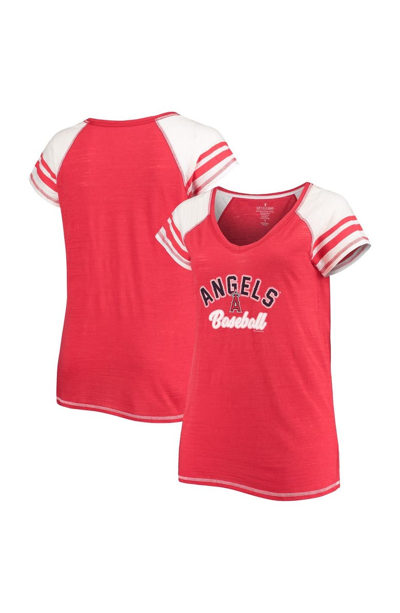 SOFT AS A GRAPE Women's Soft as a Grape Red Los Angeles Angels Curvy Colorblock Tri-Blend Raglan V-Neck T-Shirt, Main, color,