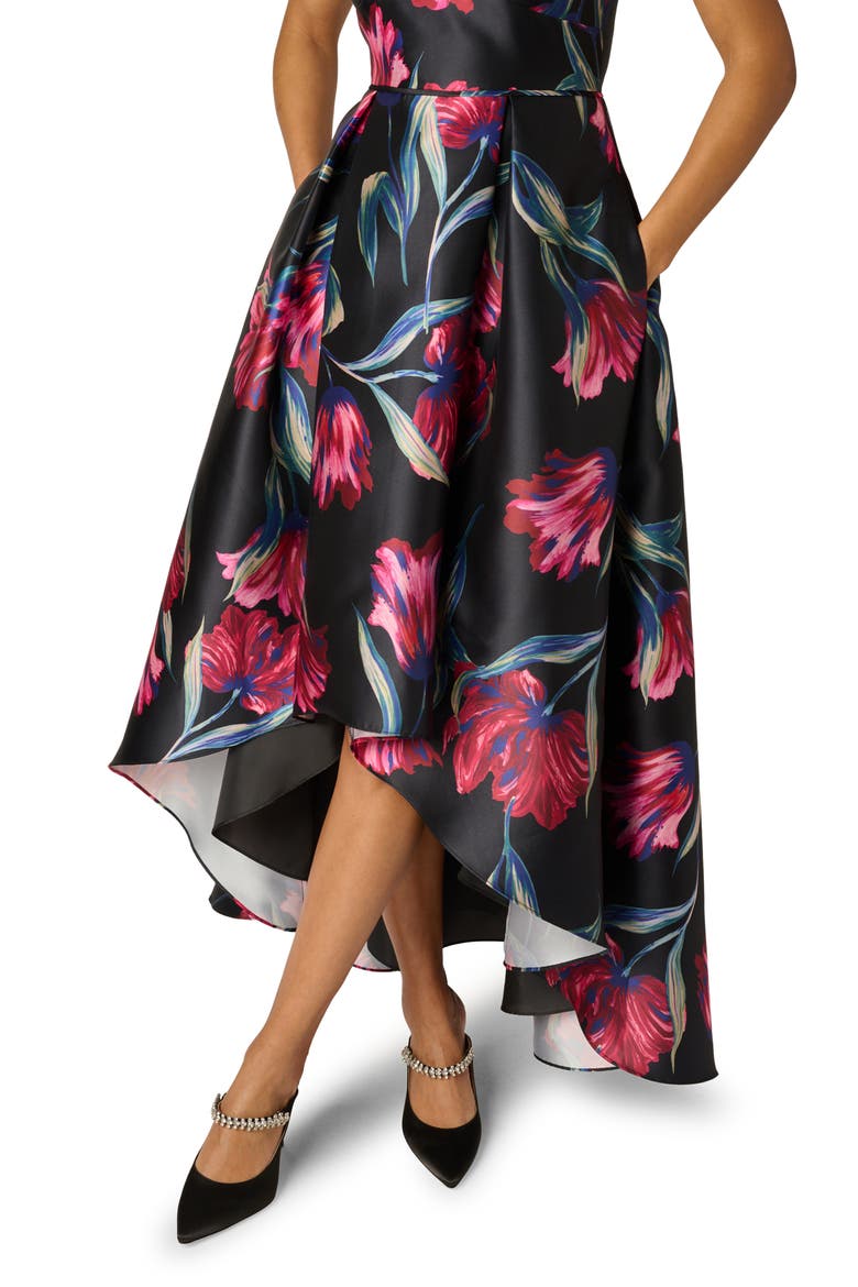 Floral Print Mikado High/Low Gown, Alternate, color, BLACK MULTI