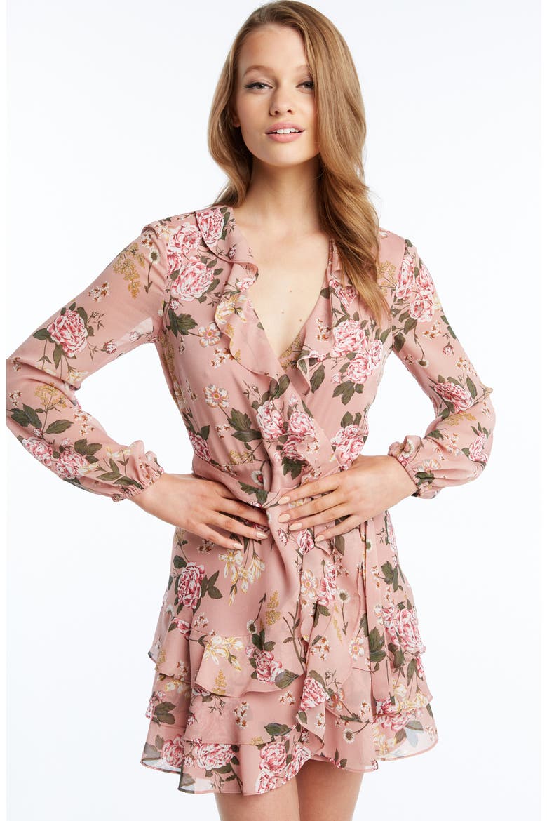 Frill Faux Wrap Minidress, Alternate, color, SOFT PINK FLORAL