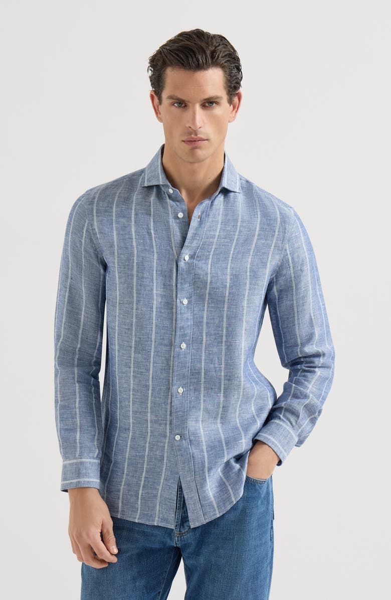 Brunello Cucinelli Striped twill shirt, Main, color, Denim