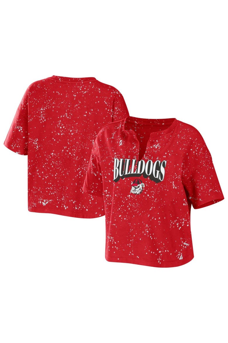 Women's WEAR by Erin Andrews Red Georgia Bulldogs Bleach Wash Splatter Cropped Notch Neck T-Shirt, Main, color, Red