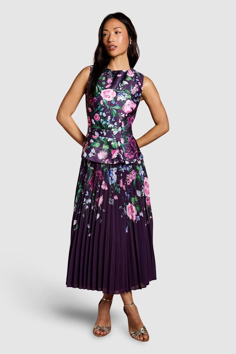 Structured Print Pleated Midi Dress, Main, color, Berry