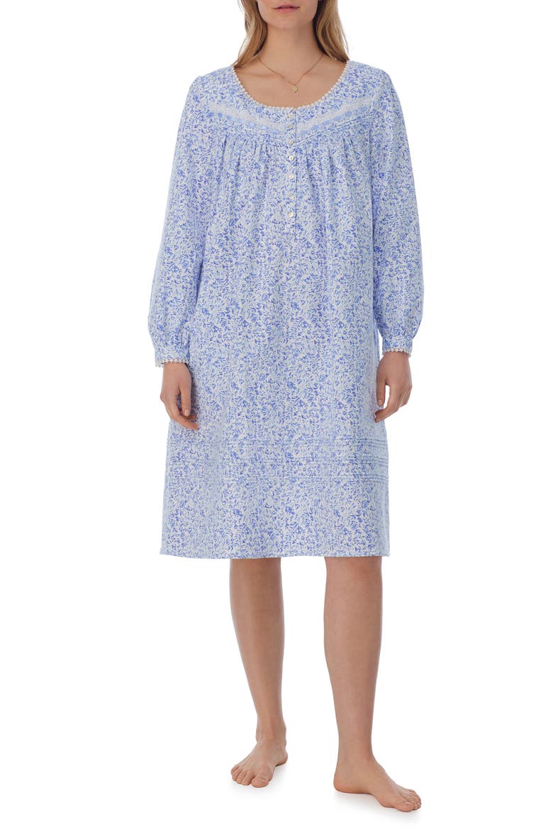 Floral Long Sleeve Cotton Waltz Nightgown, Alternate, color, WHT BLUE
