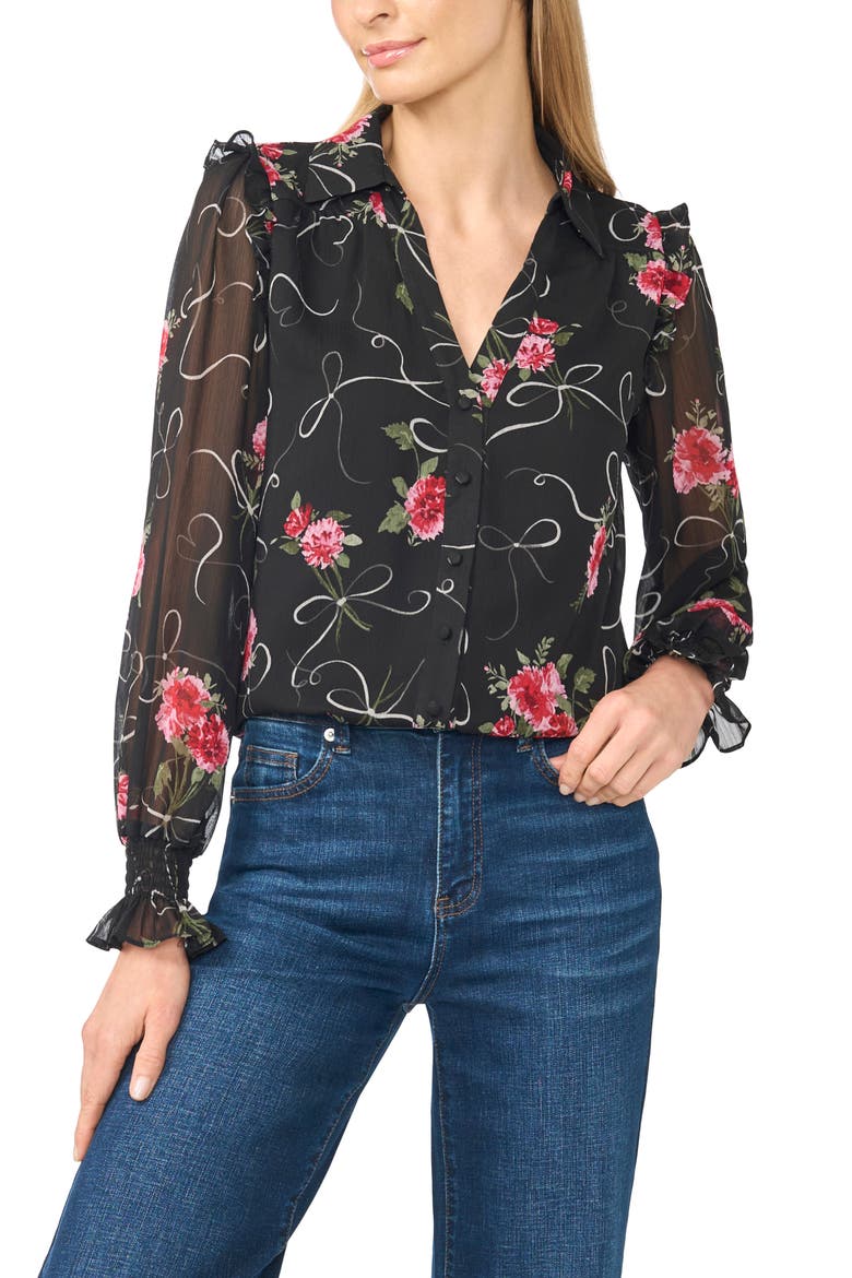 Ruffle Shoulder Long Sleeve Button Down Shirt, Main, color, RICH BLACK