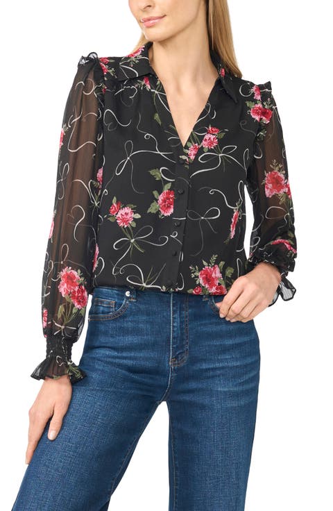 Ruffle Shoulder Long Sleeve Button Down Shirt