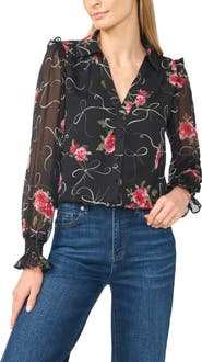 CeCe Ruffle Shoulder Long Sleeve Button Down Shirt