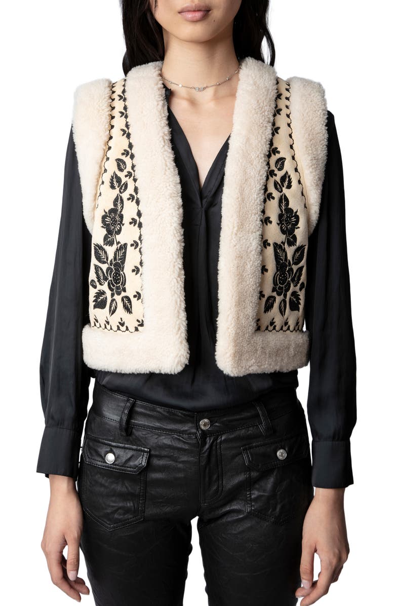 Zadig & Voltaire Feti Embroidered Genuine Shearling Vest, Main, color,