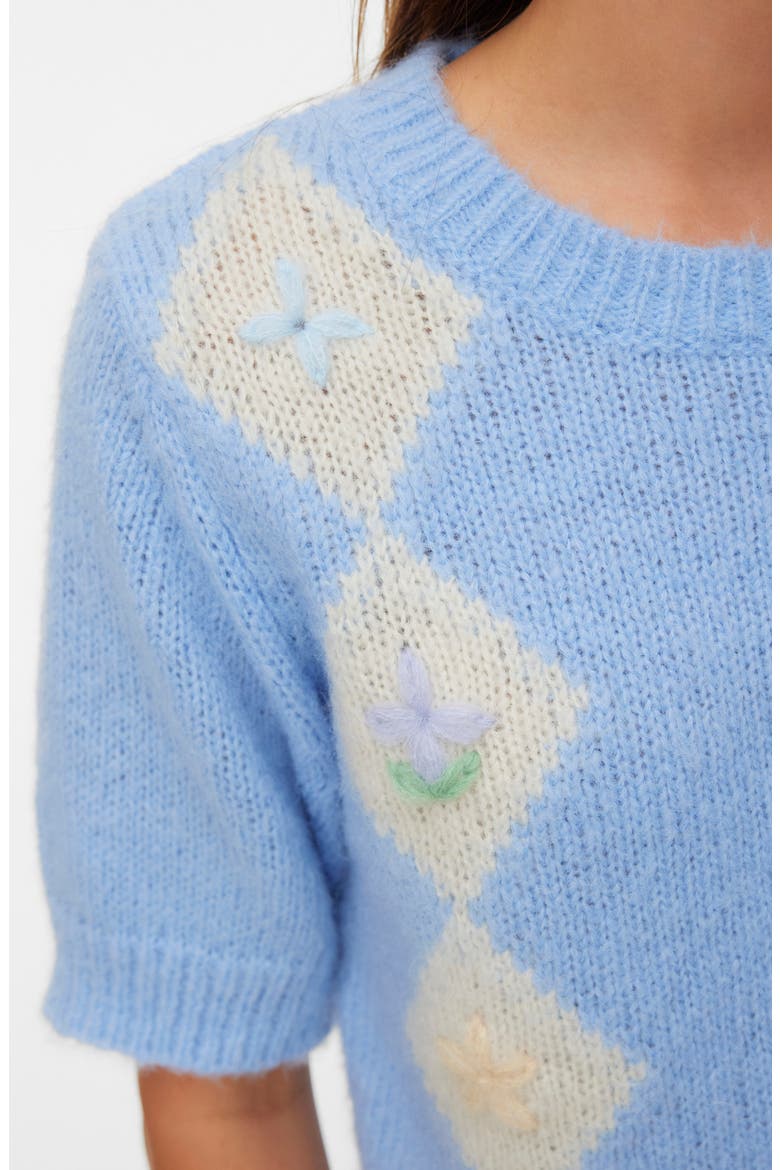 Madden Floral Argyle Plaid Short Sleeve Sweater, Alternate, color, BRUNNERA BLUE