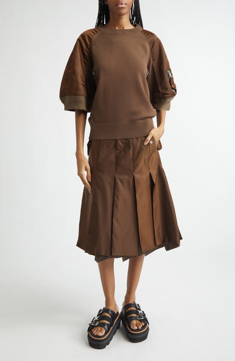 Sacai Mixed Media Knit & Nylon Twill Cardigan, Alternate, color, Brown