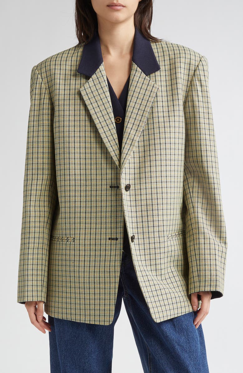 EENK Layered Single Breasted Check Blazer, Main, color, Green Multi