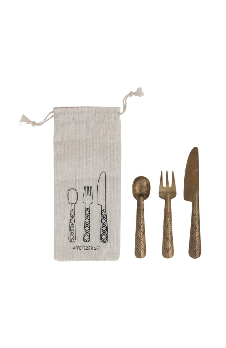 Storied Home 3-Piece Appetizer Utensils with Etched Handles, Main, color, Brass