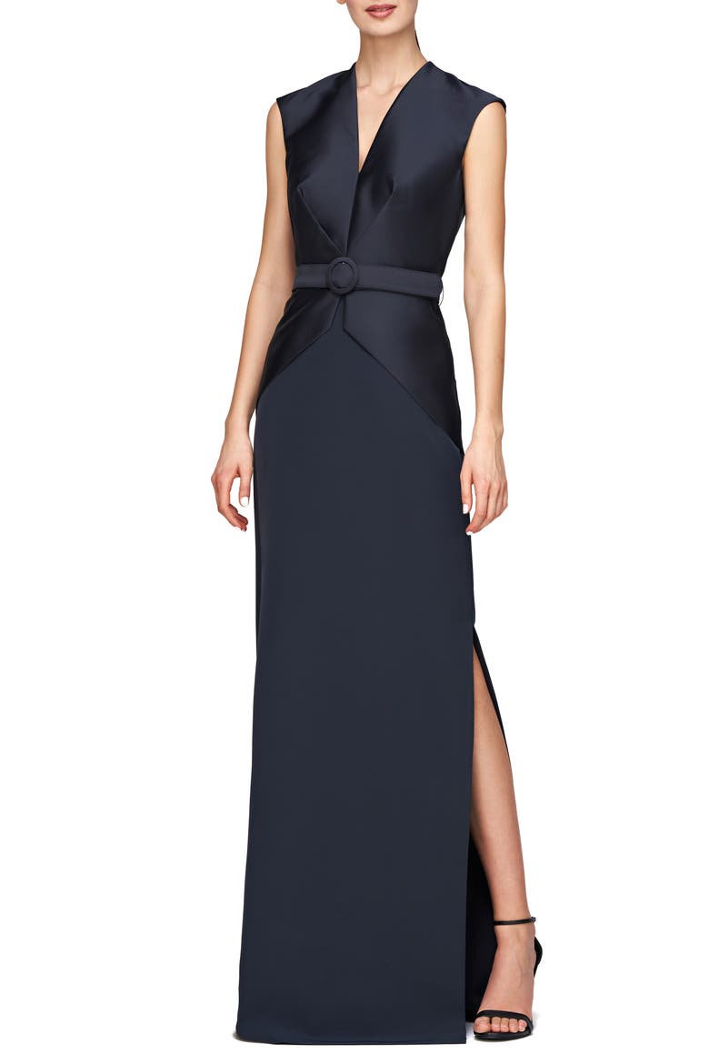 Bronwyn Belted Column Gown, Alternate, color, FRENCH NAVY