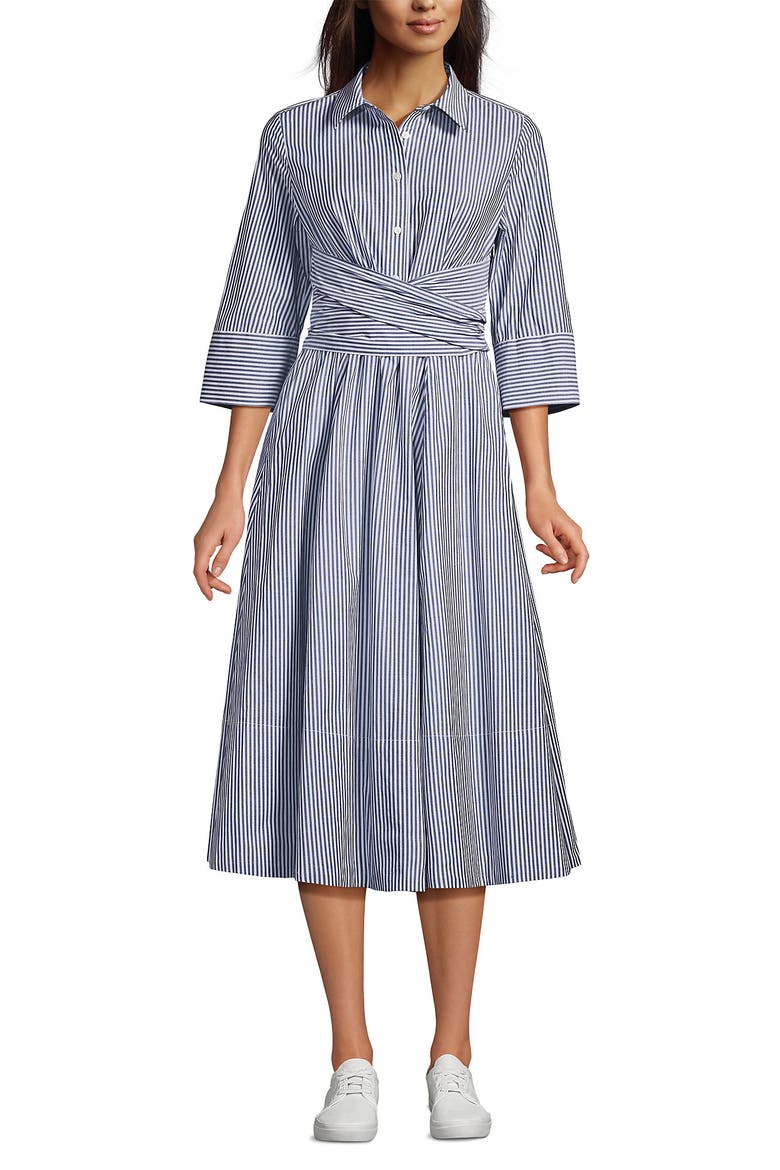 Poplin Midi Wrap Front Dress, Main, color, Midnight Sky Pinstripe