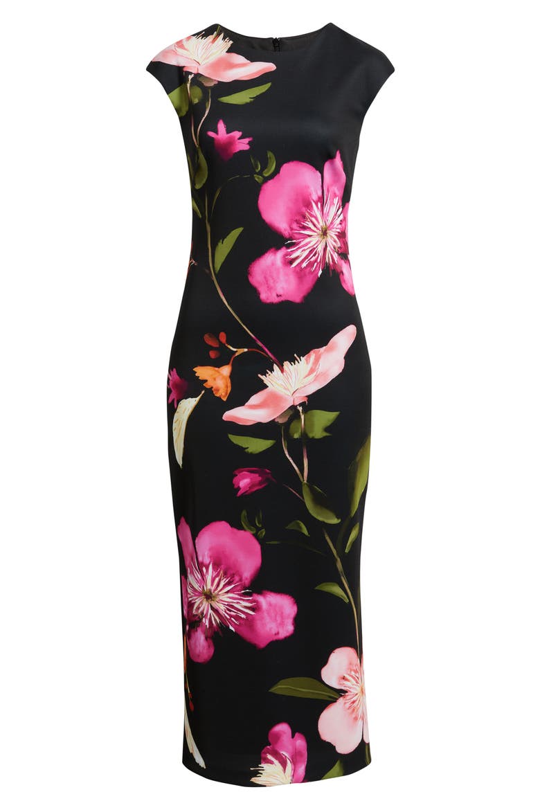 Floral Cap Sleeve Sheath Midi Dress, Alternate, color, BLACK