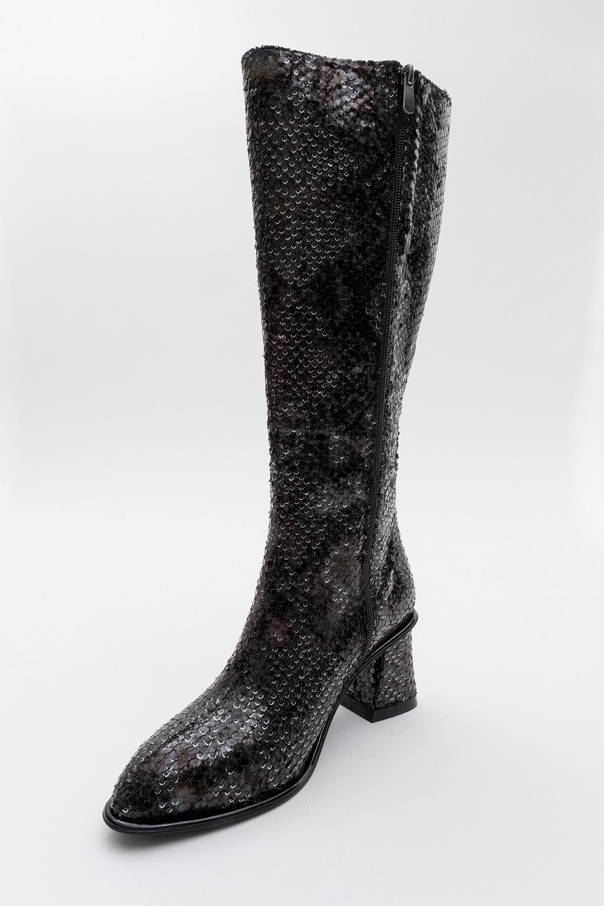 Prologue Shoes Elly Pattern Block Heel Boot, Alternate, color, Black Pattern Faux Leather