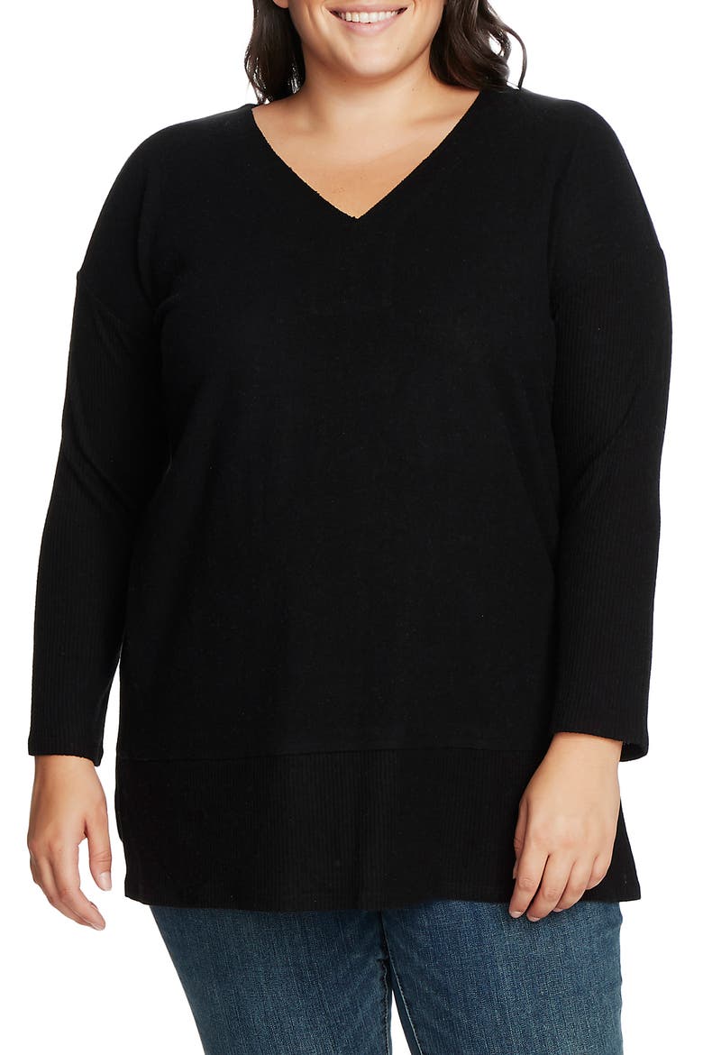 Ribbed Sleeve V-Neck Tunic Sweater, Main, color, RICH BLACK