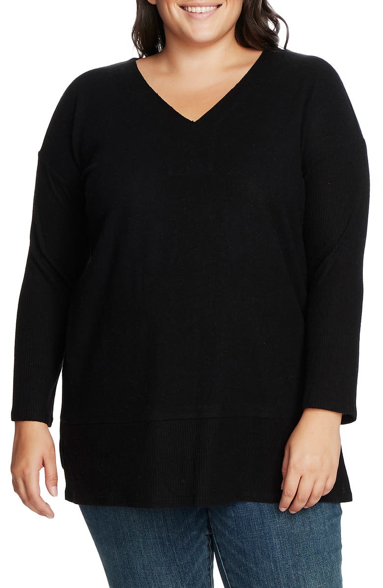 Vince Camuto Ribbed Sleeve V-Neck Tunic Sweater, Main, color,