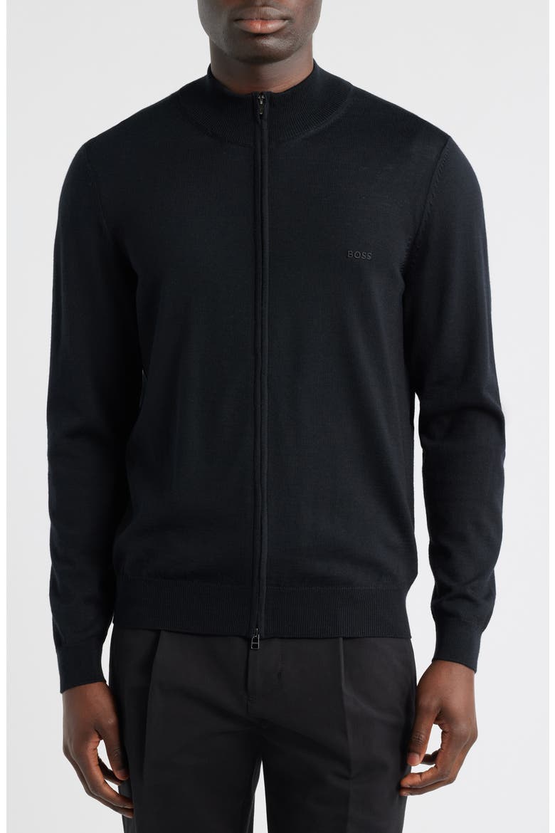 Balonso Mock Neck Wool Full Zip Cardigan, Alternate, color, BLACK