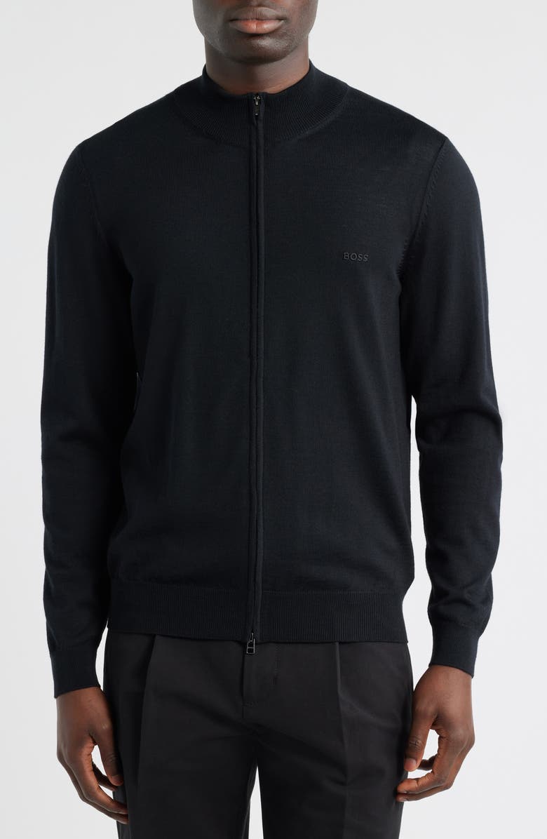 BOSS Balonso Mock Neck Wool Full Zip Cardigan, Alternate, color, Black