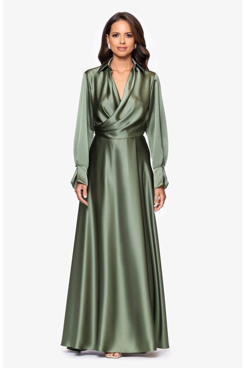 Spread Collar Long Sleeve Satin Gown, Alternate, color, OLIVE