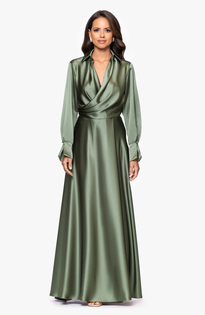 Xscape Evenings Spread Collar Long Sleeve Satin Gown, Alternate, color, 