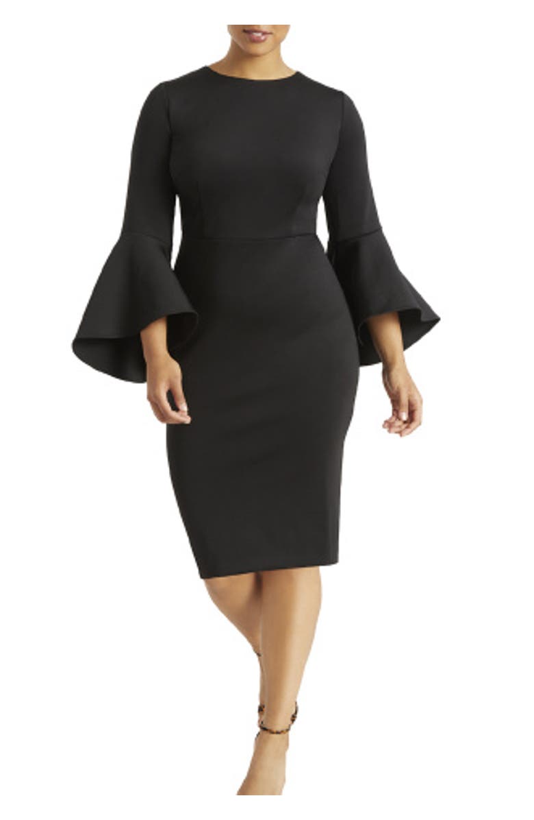 ELOQUII Bell Sleeve Scuba Crepe Dress, Main, color, Black