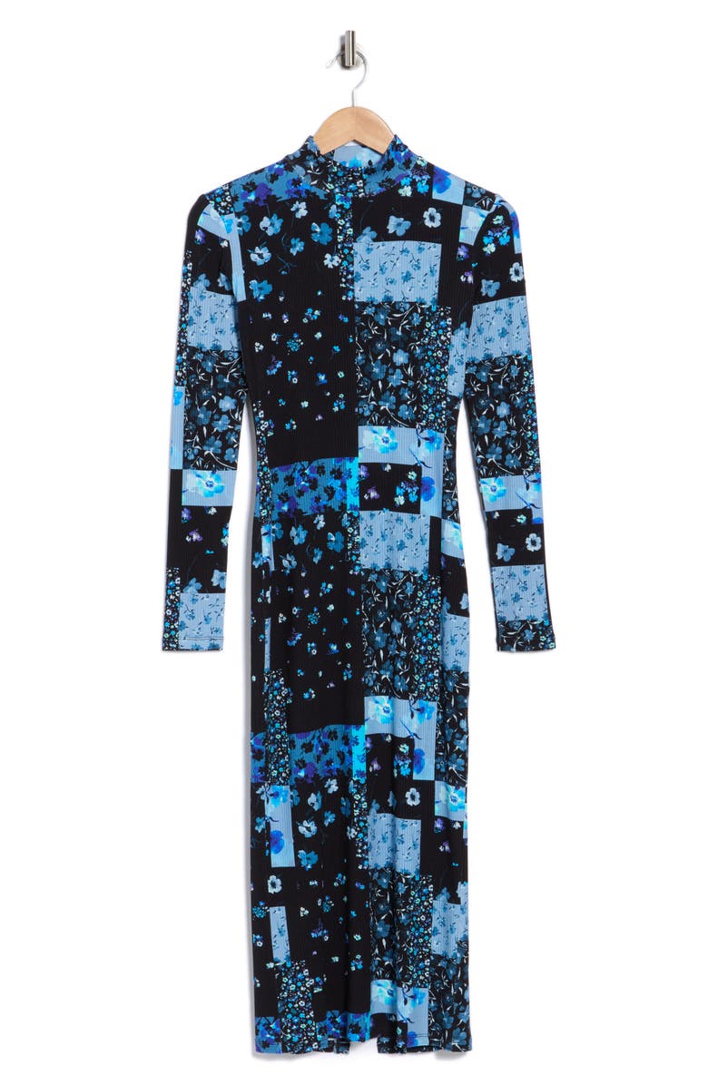 Desigual Floral Long Sleeve Ribbed Maxi Dress, Alternate, color, Navy Blue