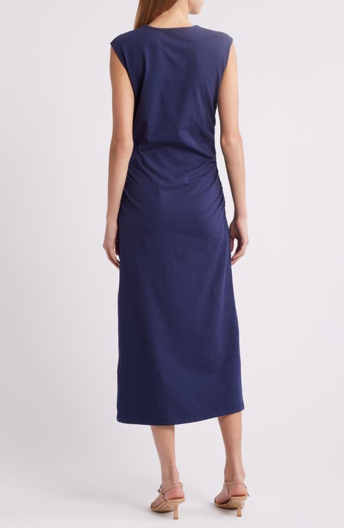 Charles Henry Ruched Sleeveless Stretch Cotton Midi Dress In Navy