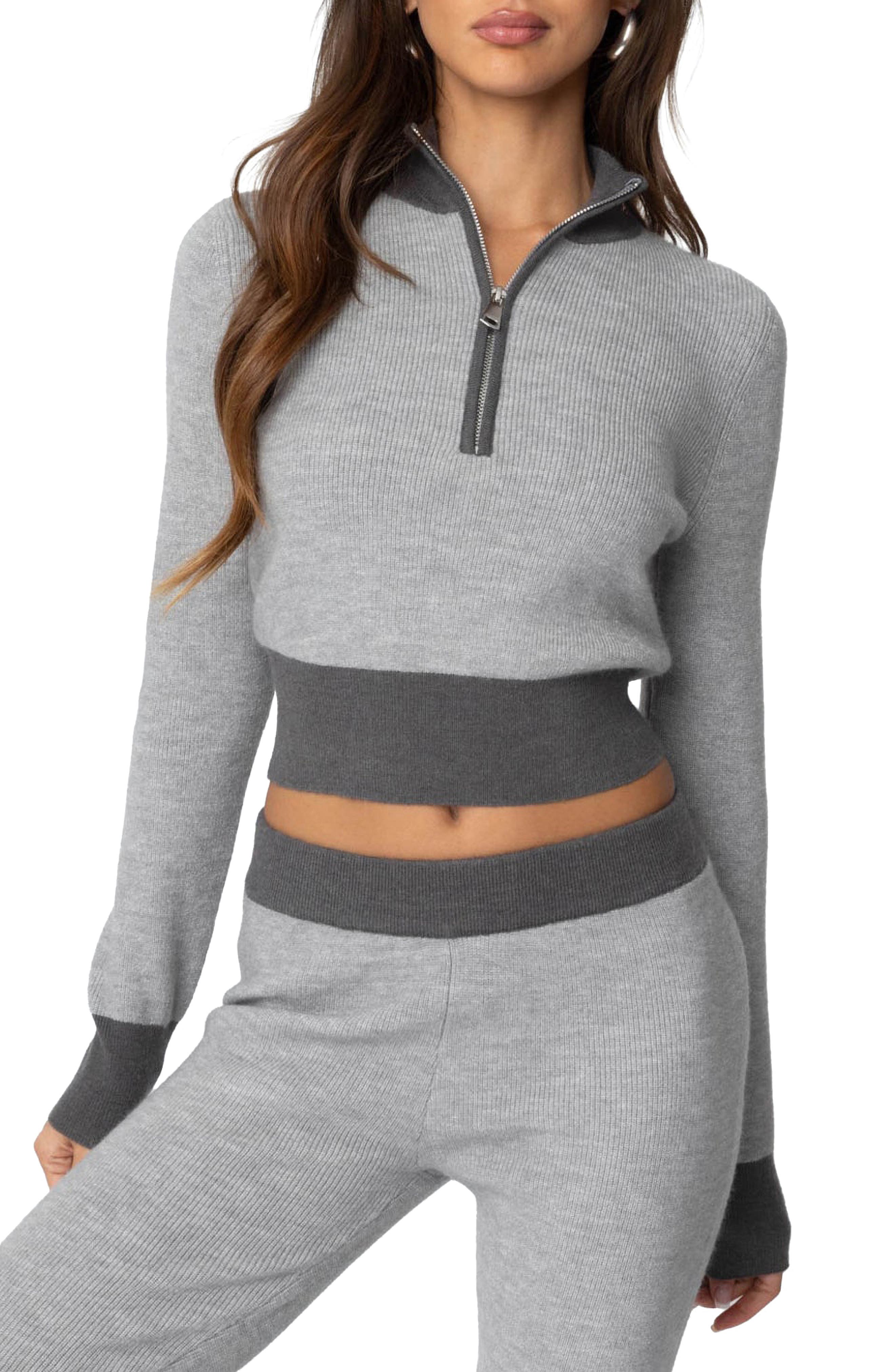 Lei Contrast Trim Half Zip Crop Top