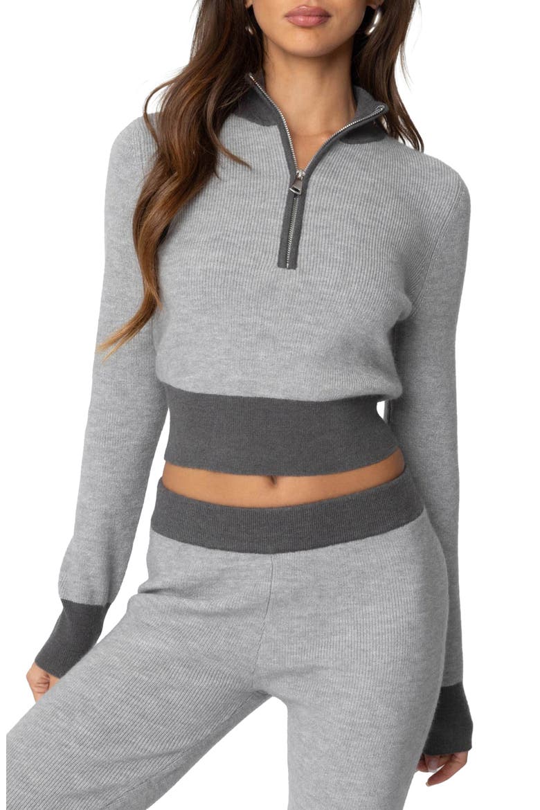 Lei Contrast Trim Half Zip Crop Top, Main, color, GRAY