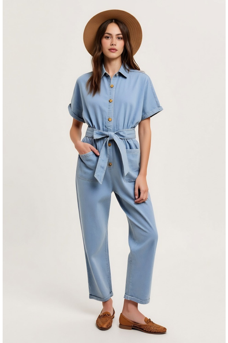 Short Sleeve Button Front Tie Waist Rolled Cuff Denim Jumpsuit, Alternate, color, Light Blue