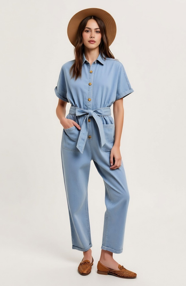 Modenaire Short Sleeve Button Front Tie Waist Rolled Cuff Denim Jumpsuit, Alternate, color, Light Blue