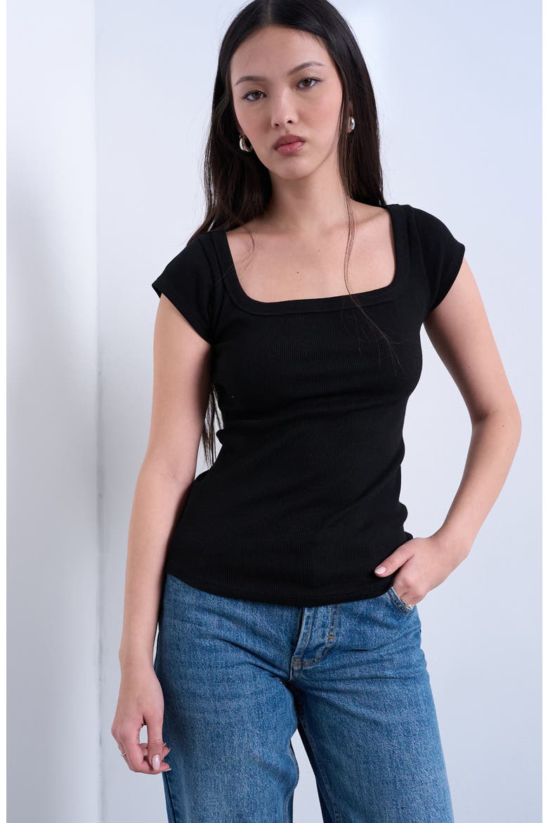 Square Neck Stretch Cotton Rib T-Shirt, Main, color, BLACK