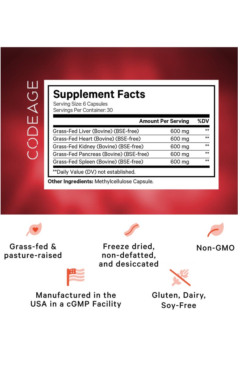 Codeage Grass-Fed Beef Organs Glandulars Supplement, Alternate, color, White