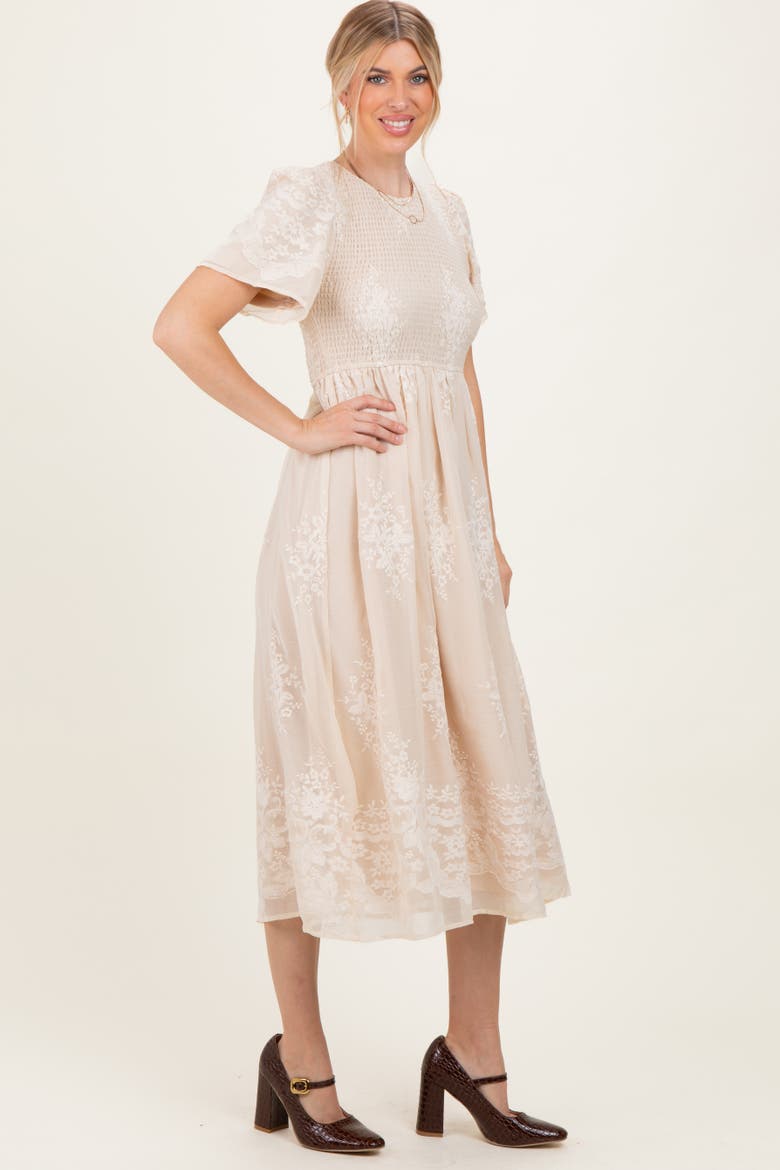 Embroidered Smocked Midi Dress, Alternate, color, Cream