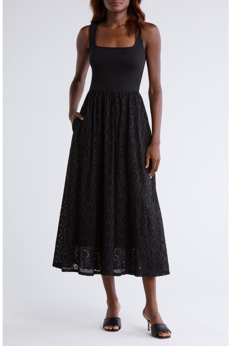 Morel Eyelet Sleeveless Maxi Sundress, Main, color, BLACK