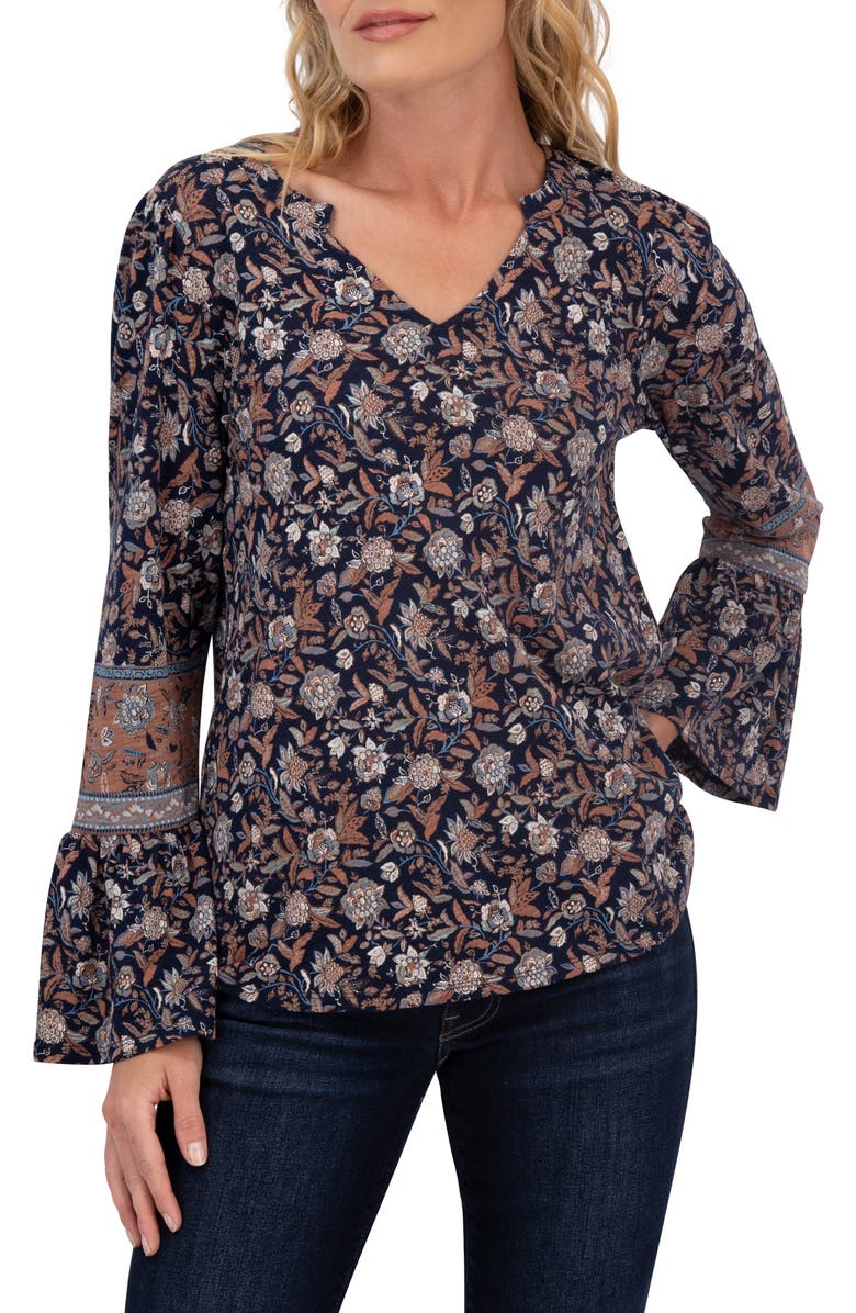 Lucky Brand Notch Neck Bell Sleeve Top, Main, color, Navy Multi