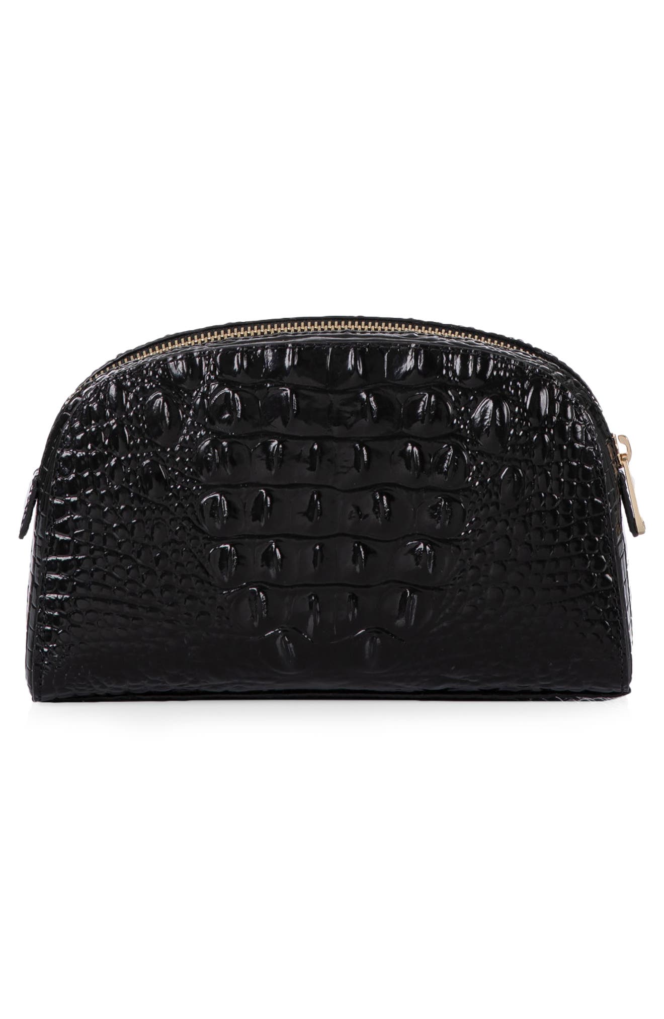 Dany Croc Embossed Leather Cosmetics Pouch, Alternate, color, BLACK