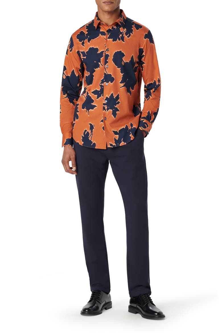 Julian Shaped Fit Floral Print Stretch Cotton Button-Up Shirt, Alternate, color, BURNT ORANGE