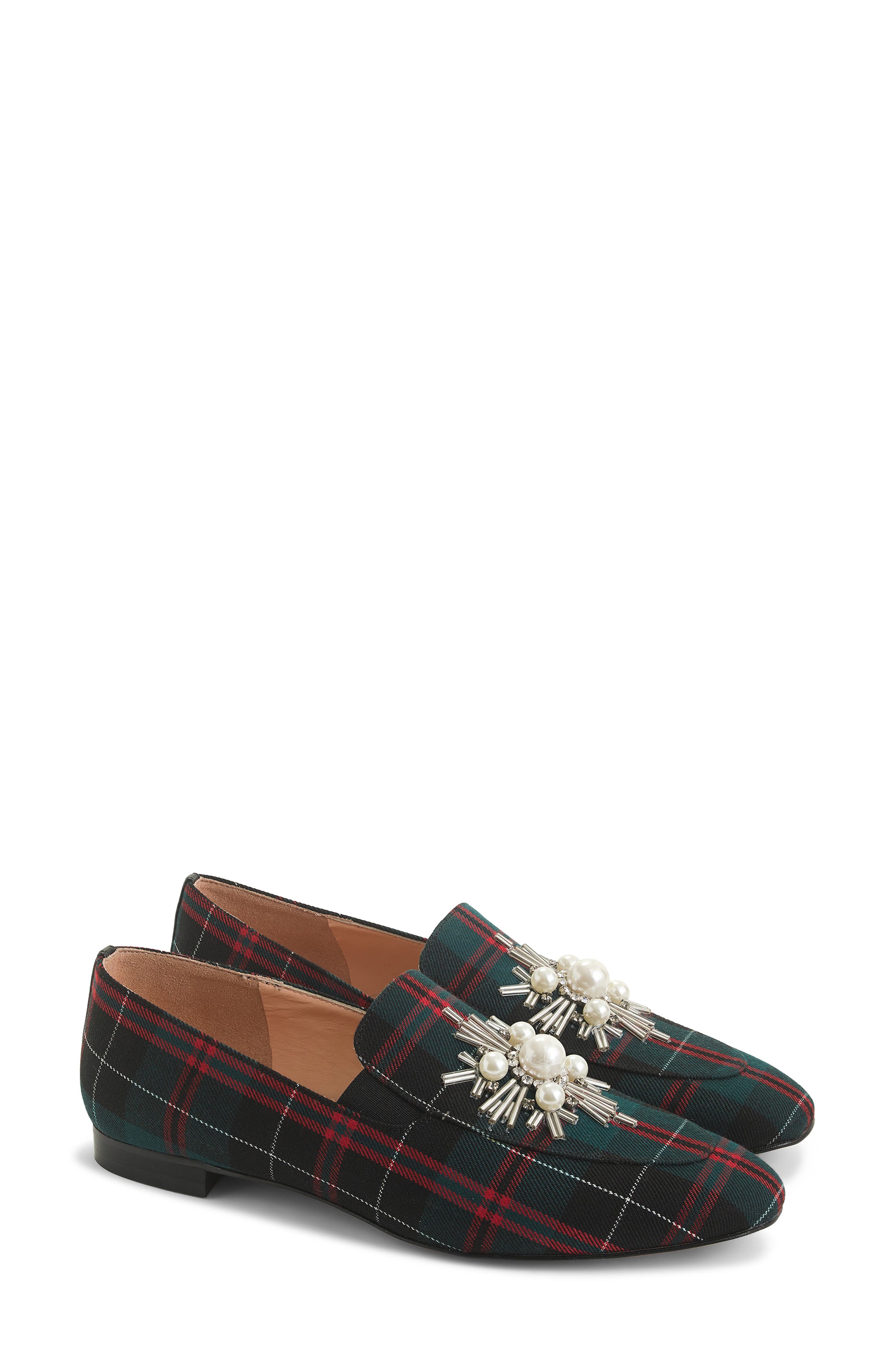J. Crew Embellished Plaid Janie Loafer, Main, color, GREEN PLAID FABRIC