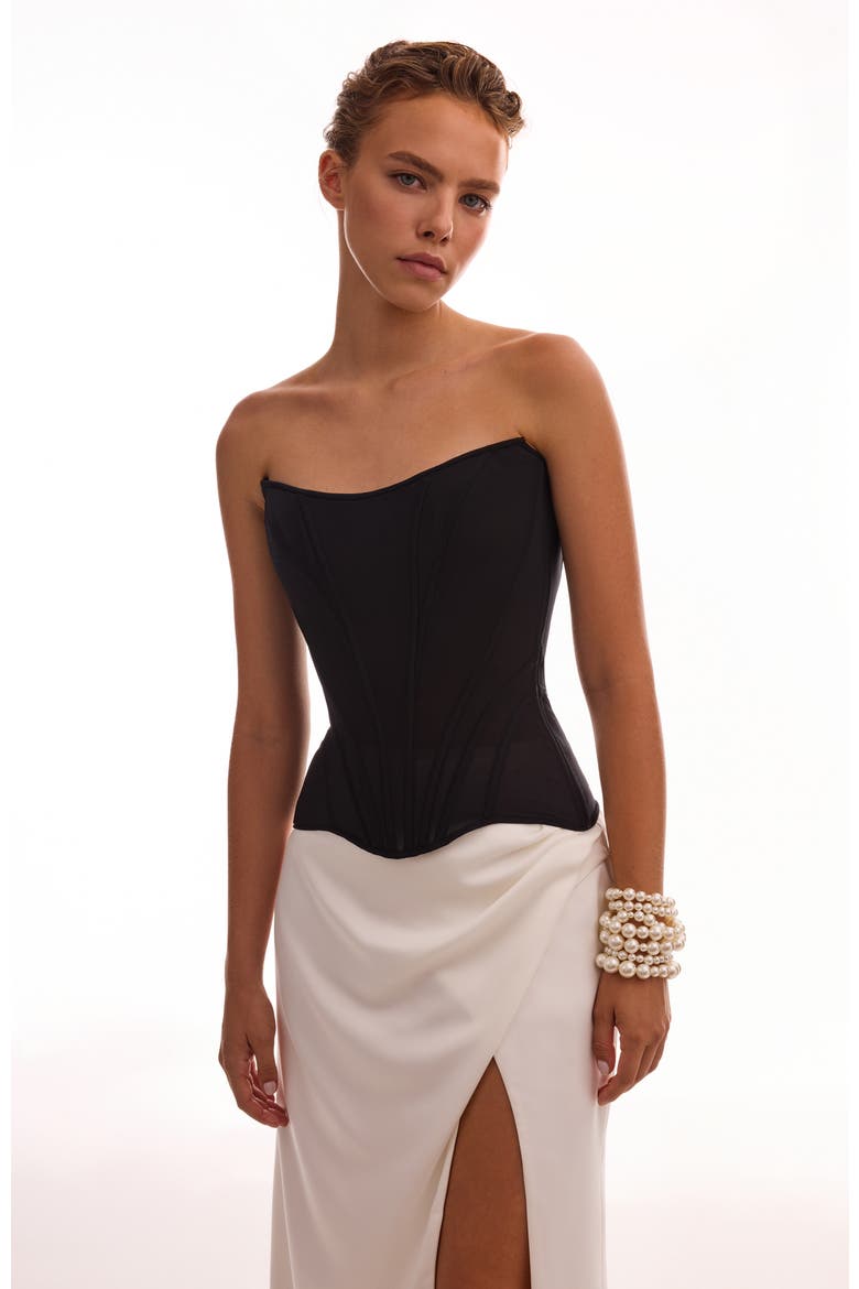 Fitted Boat Neck Low-Waist Structured Black Corset for Cocktail Events, Alternate, color, Black