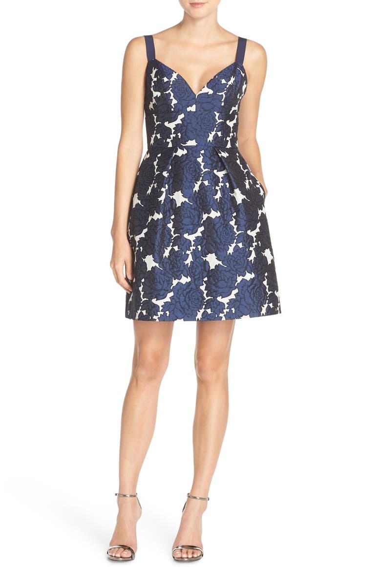 Floral Jacquard Fit & Flare Dress, Main, color, IVORY/ NAVY