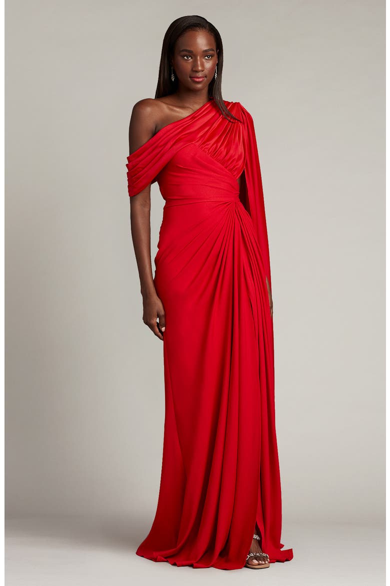 Ember One-Shoulder Draped Gown, Alternate, color, LAVA RED