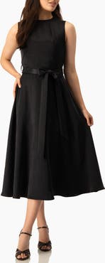 IVONNE Sleeveless Tie-Waist A-Line Midi Fit-and-Flare Dress with Sash Belt