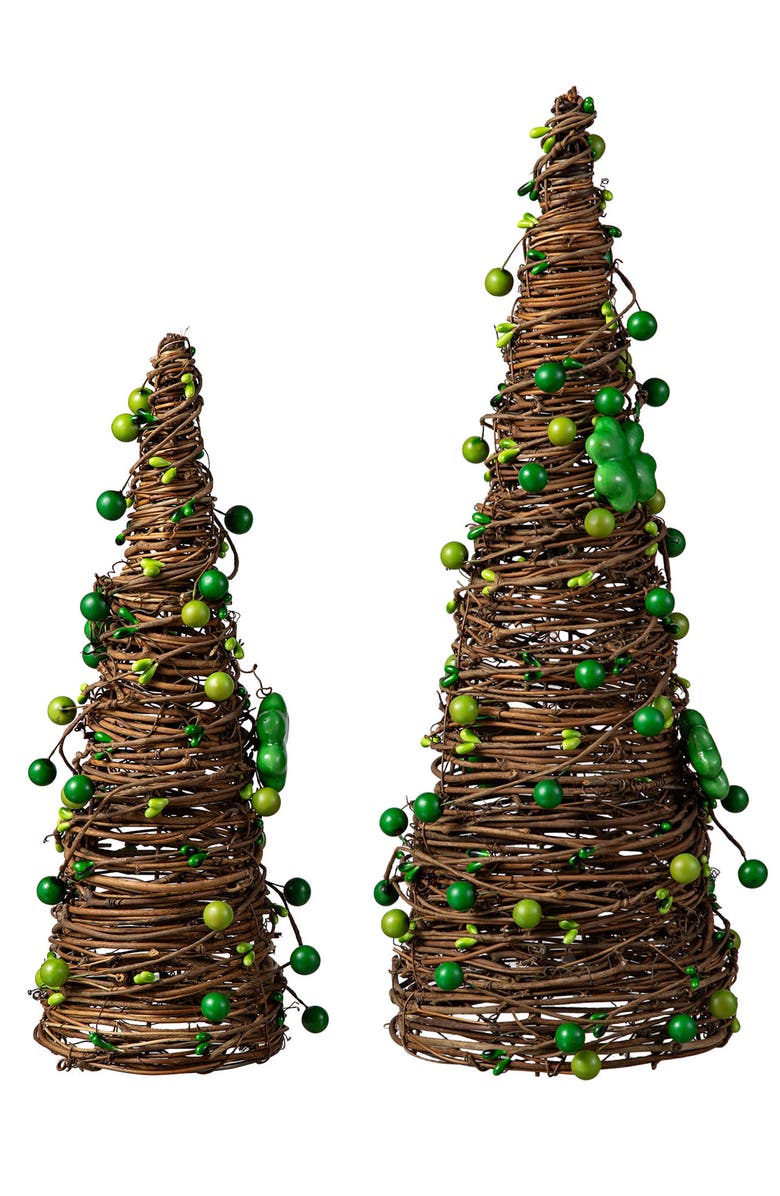 Glitzhome Set of 2 St. Patrick's Rattan Shamrock and Berries Table Tree, Alternate, color, Green