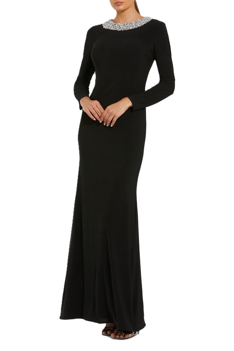Jersey Long Sleeve Fitted Gown With Beaded Neck, Main, color, Black